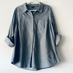 Torrid Button Down Shirt Patched Heart Roll Tab Sleeve Gray Women Size 1X